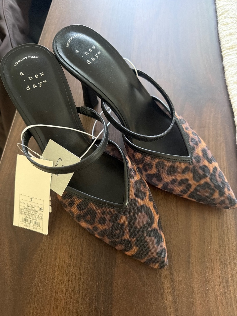 A New Day Womens Leopard Print Mesh Pointed Toe Mules Memory Foam Heels Size 7